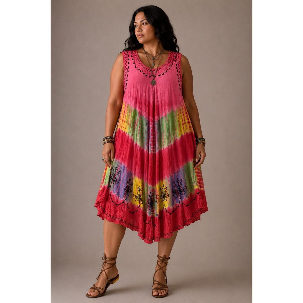 Boho Hippie Festival Resort Tie Dye Embroidered Midi Dress Plus 1X/2X